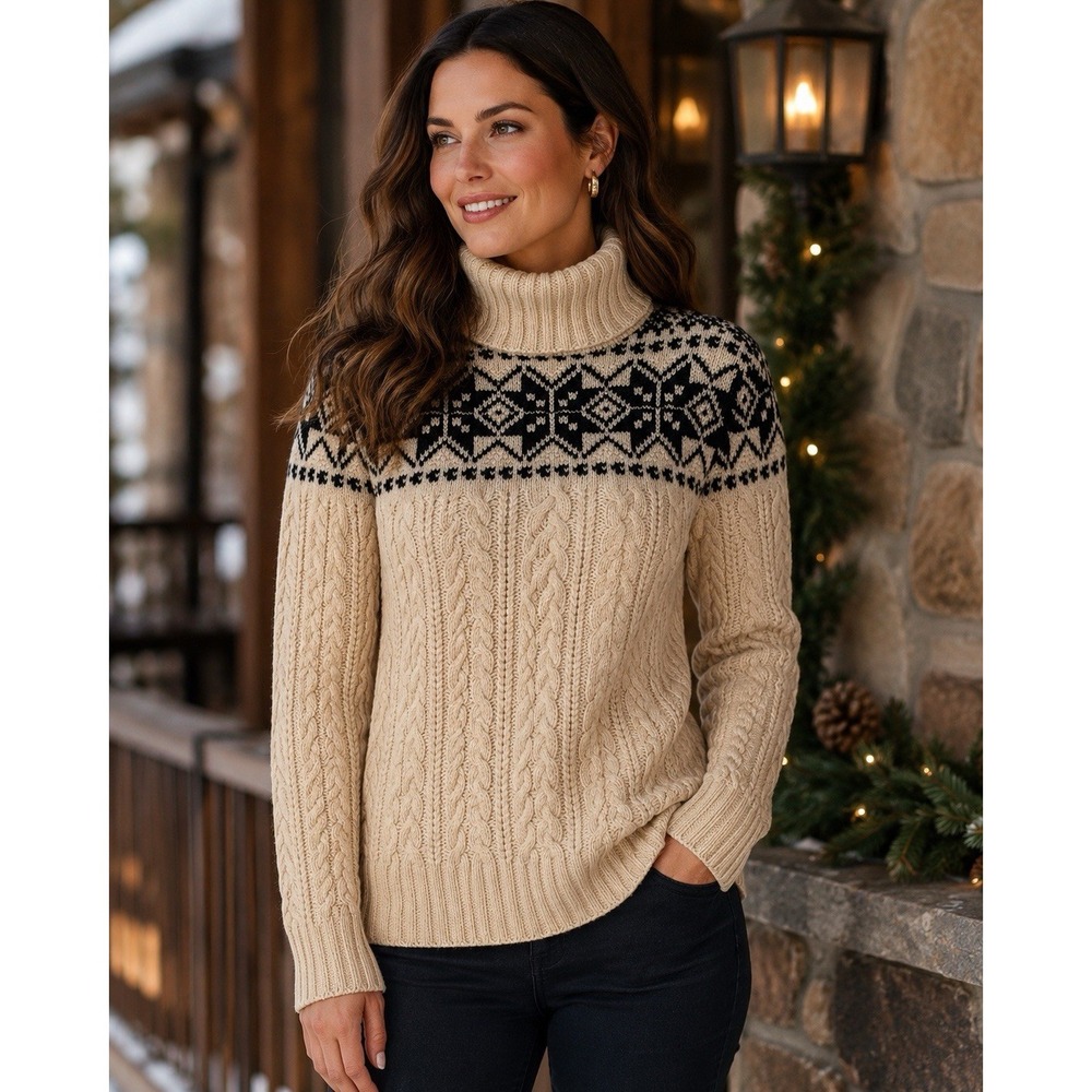 Ralph Lauren Hand Knit Lambswool Sweater M Fair Isle Cable Knit Turtleneck